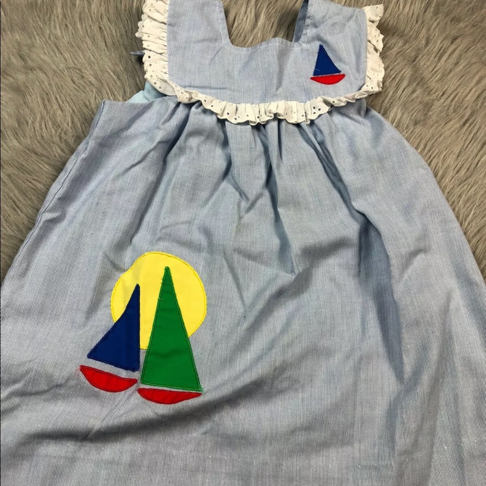 Vintage Toddler Girls Blue White Sailboat Dress